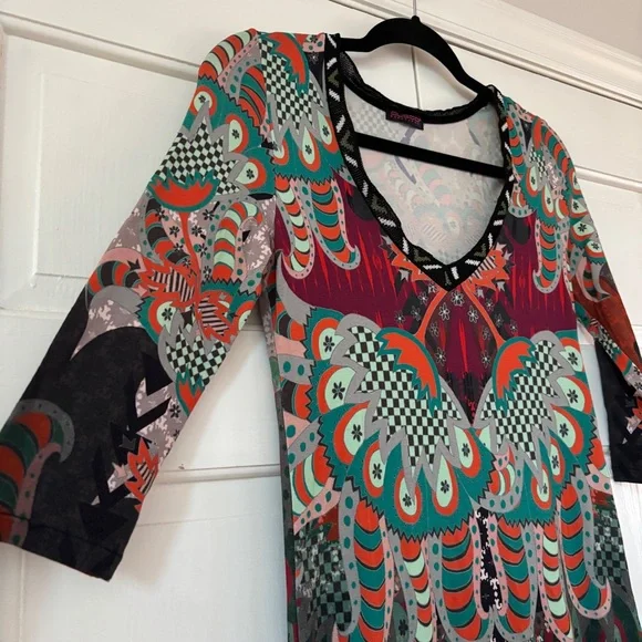 Custo Barcelona Dress Size Medium Abstract Boho 90s Y2K Knee Length Artsy V-Neck - Picture 3 of 16